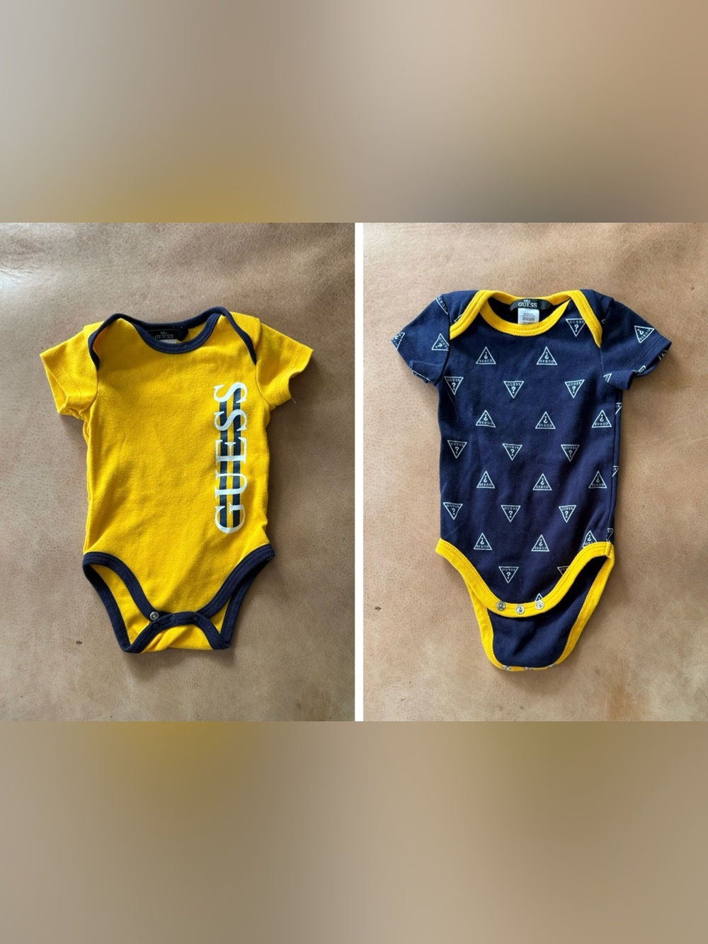 Two Baby GUESS Bodysuits Yellow And Navy Size 0-3 Months